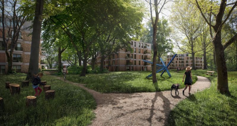 Artist impressie Vinkenhofjes gezien vanaf het park aan de Lyndakkers (bouwconcept Hurks, ontwerp De Loods)